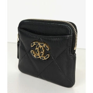 Chanel 19 Zipped Card Wallet in Black Quilted Shiny Lambskin Leather NFC